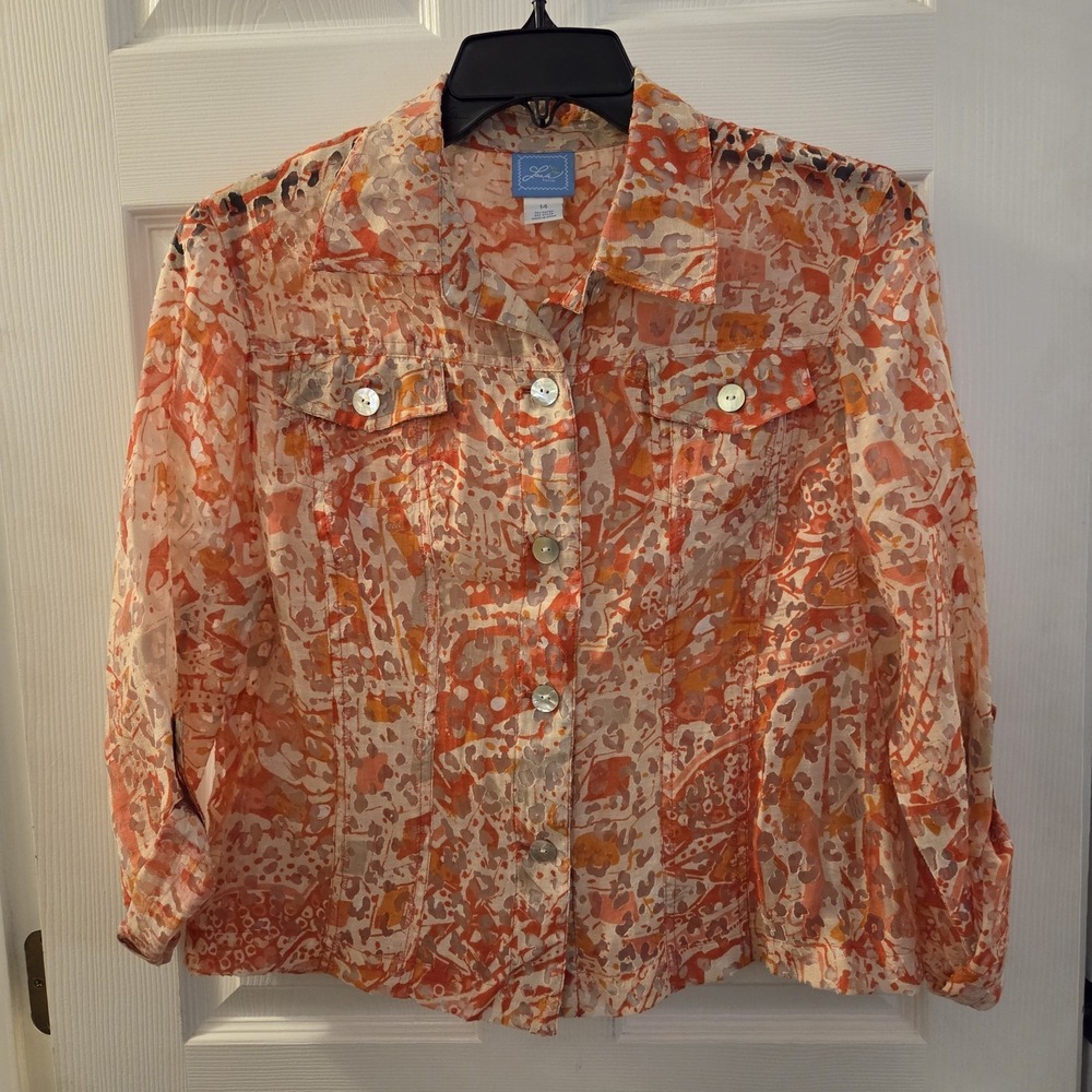 Lark Lane sz 14 button up sheer collared‎ top boho artsy spring lightweight